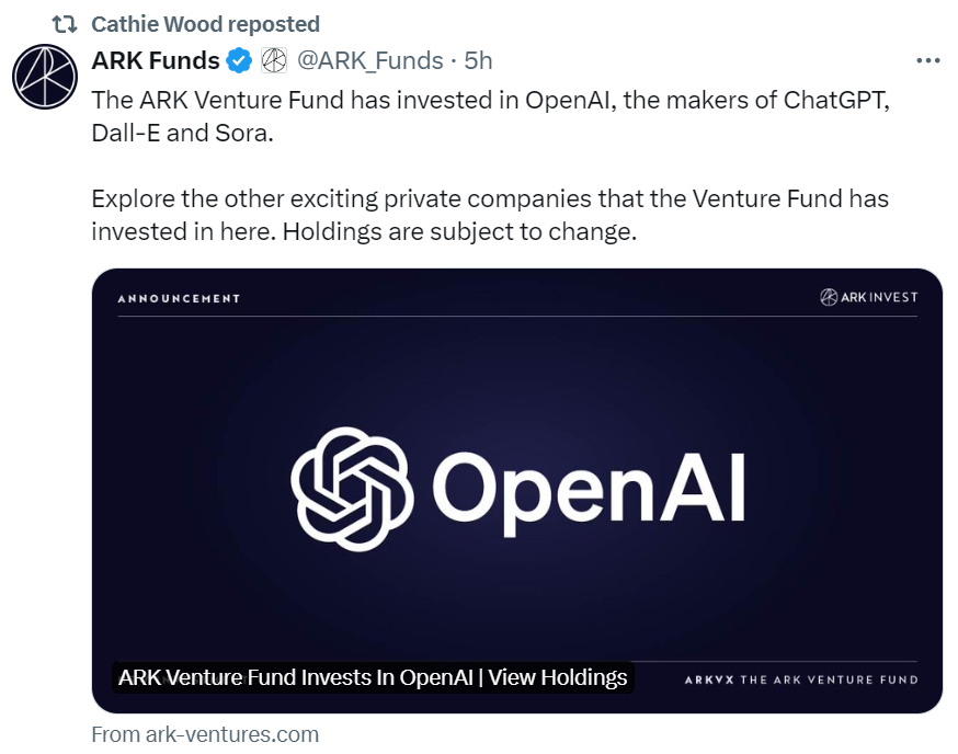 “木头姐”旗下基金投资OpenAI，持仓规模低于竞争对手