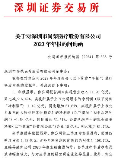 尚荣医疗年报被问询：报告期内净利润大幅增长的原因及合理性？第四季度大额亏损的原因？